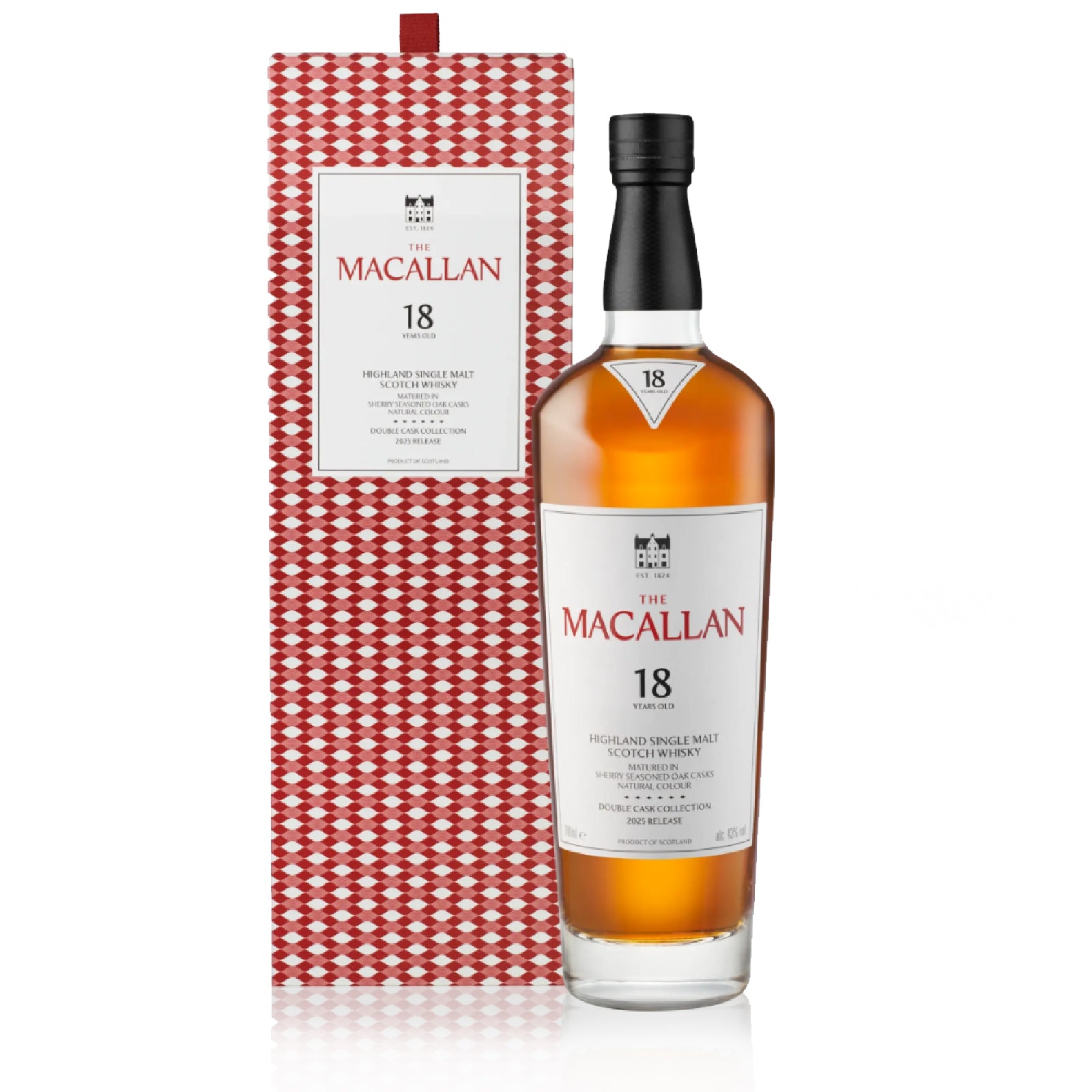 Bottle of Macallan 18 Years Double Cask whisky with oak, caramel, dried fruit, and spice notes.