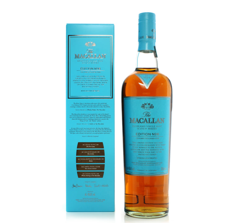 Bottle of Macallan Edition 6 single malt Scotch with dried fruit, spice, and chocolate notes.