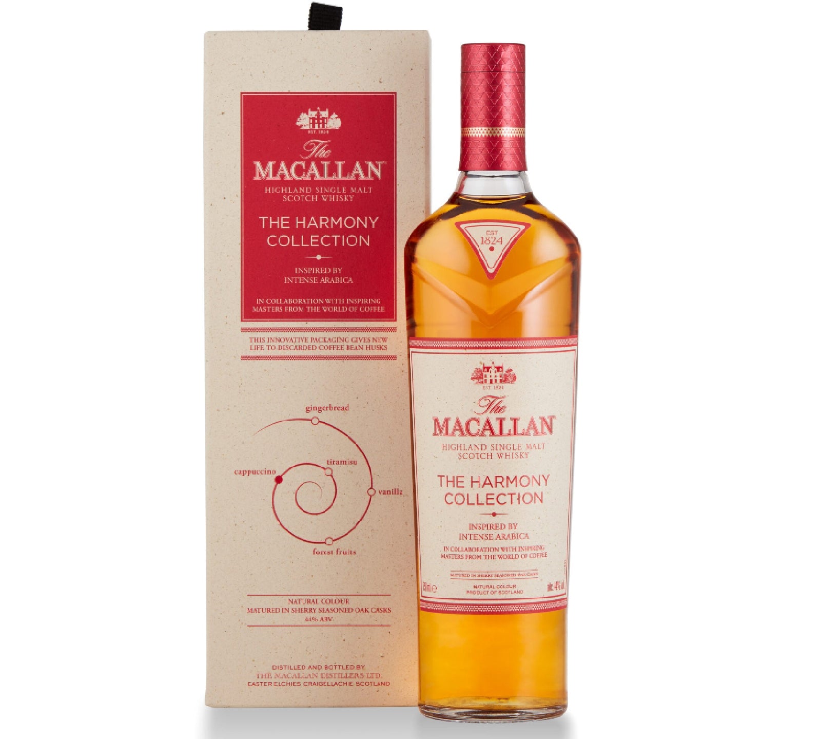 Bottle of The Macallan Harmony Collection I Intense Arabica with roasted coffee, dark chocolate, and dried fruit notes.