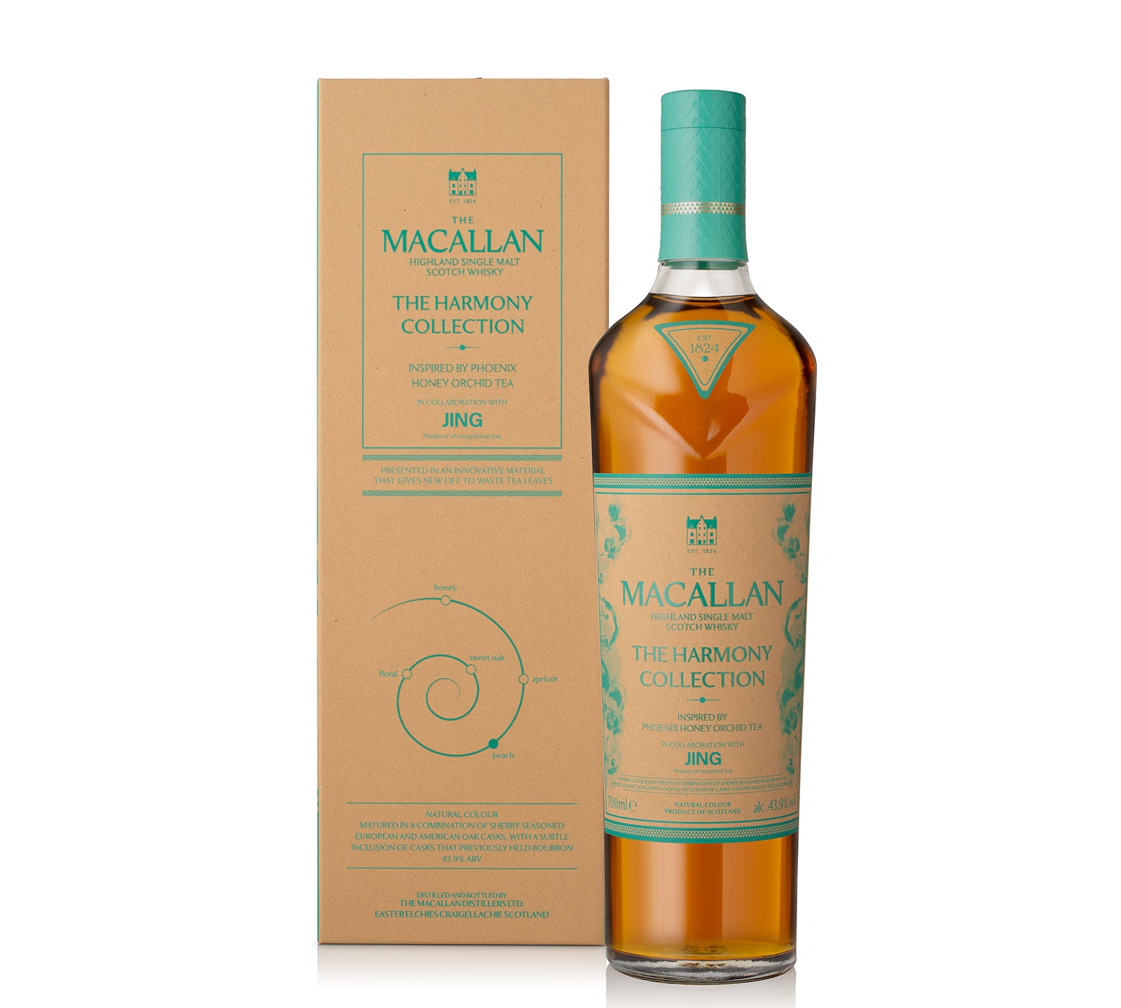 The Macallan Harmony Collection V Phoenix Honey Orchid Tea 700ml single malt whisky in sustainable packaging, inspired by JING tea with fruity, floral, and sweet notes.