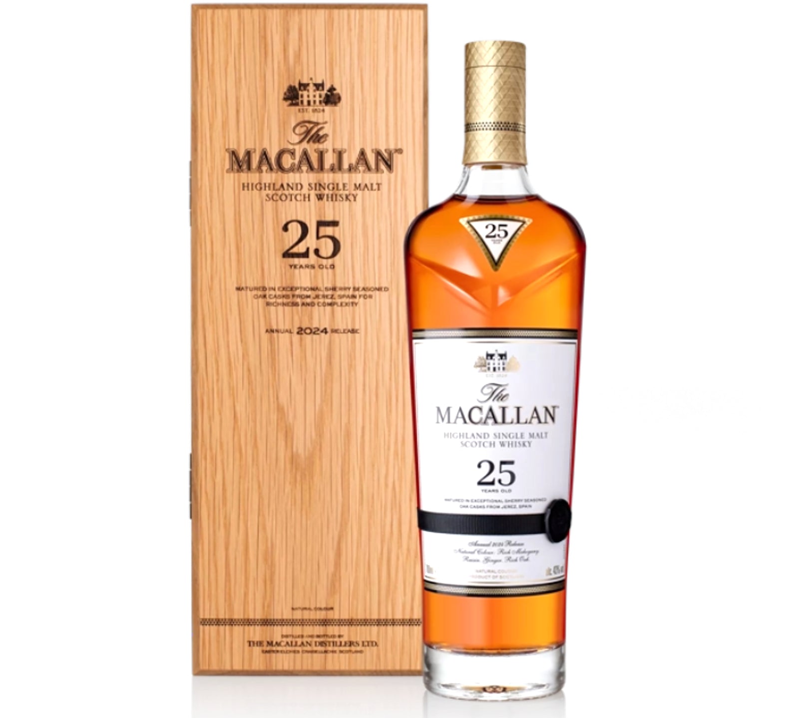 The Macallan 25-year-old whisky bottle and wooden box on a white background