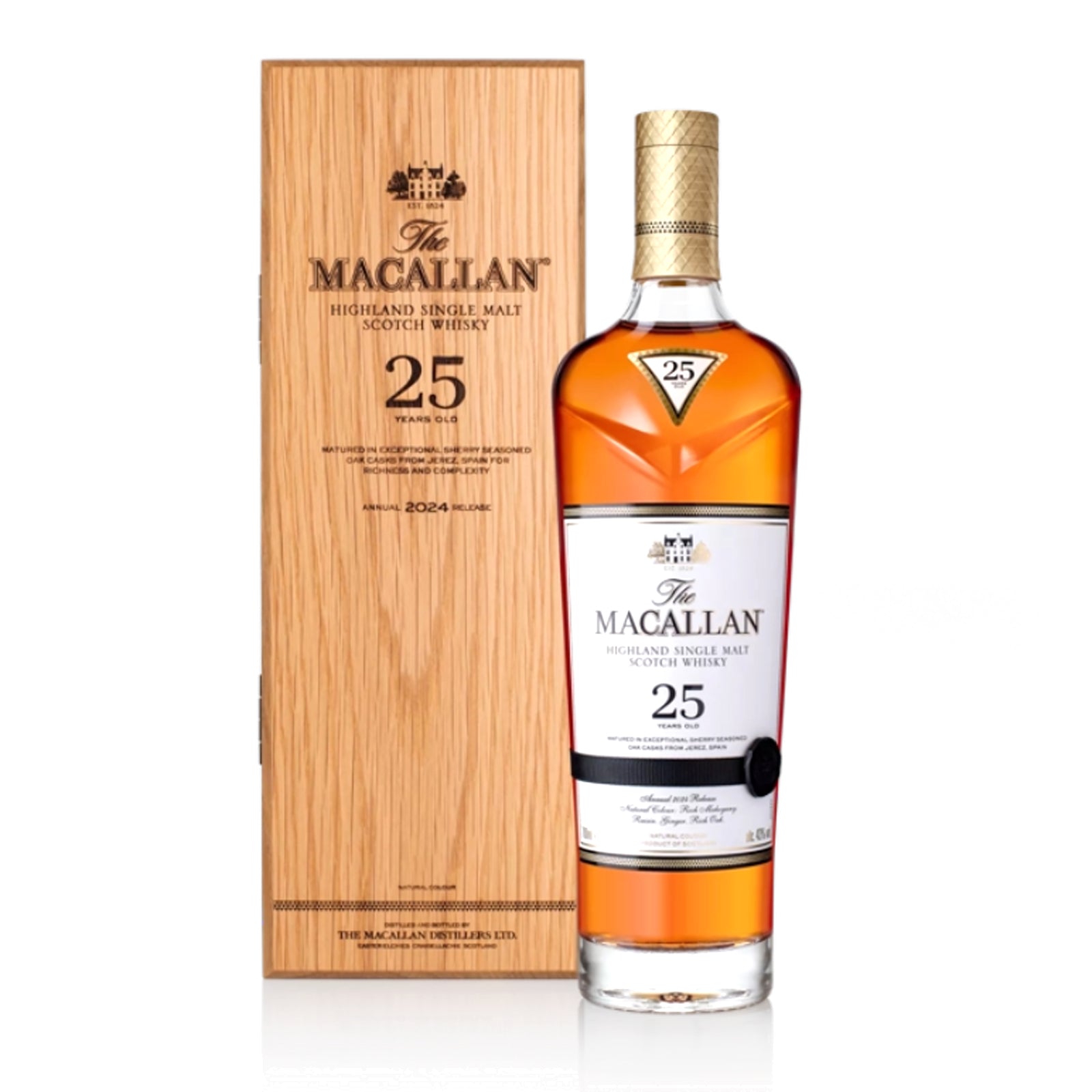 The Macallan 25-year-old whisky bottle and wooden box on a white background