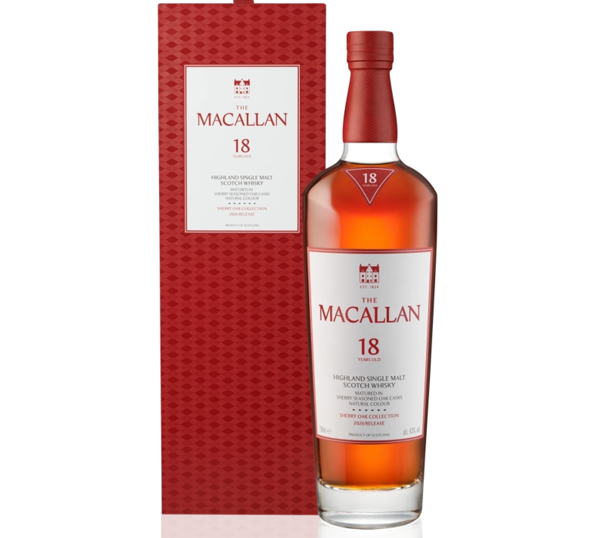 A bottle of The Macallan 18 Years Old single malt Scotch whisky stands in front of its textured red packaging box on a clean white background.