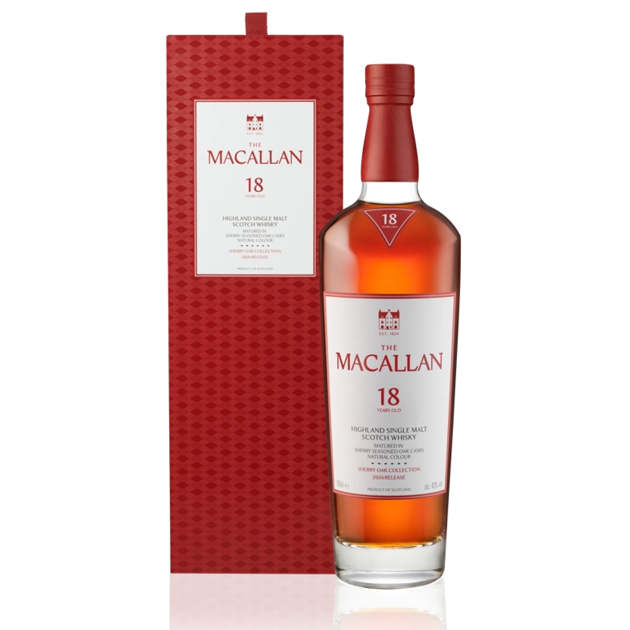 A bottle of The Macallan 18 Years Old single malt Scotch whisky stands in front of its textured red packaging box on a clean white background.