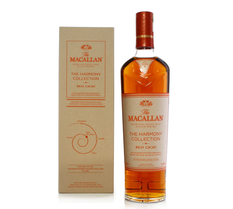 A bottle of The Macallan Harmony Collection Rich Cacao single malt Scotch whisky.