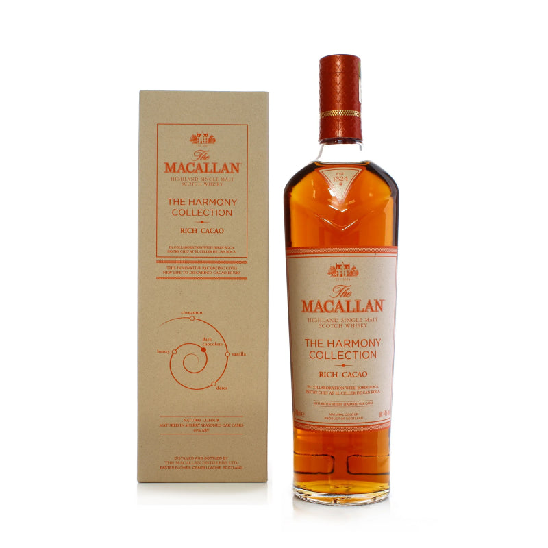 A bottle of The Macallan Harmony Collection Rich Cacao single malt Scotch whisky.