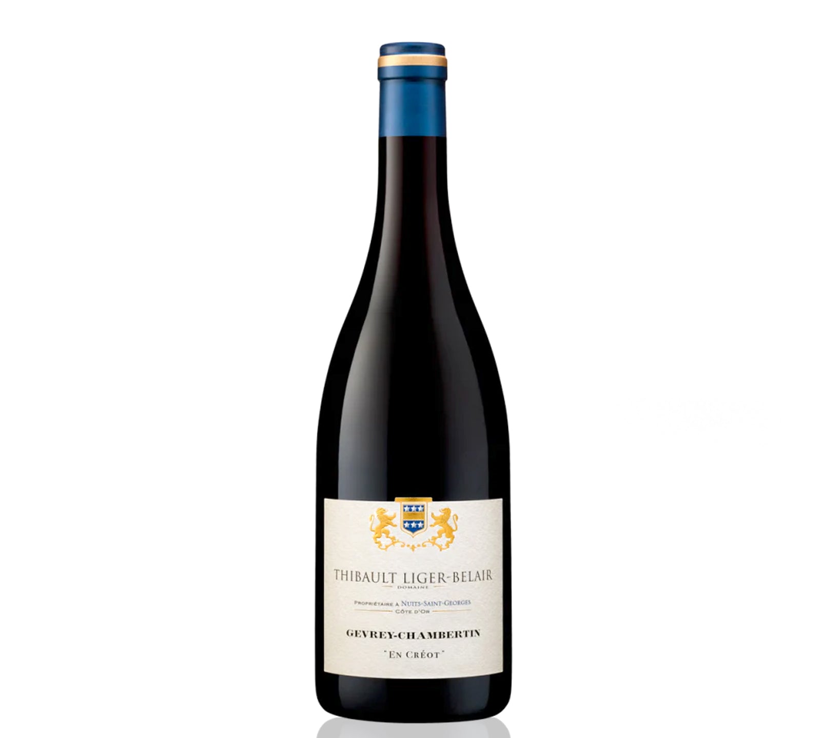 A bottle of Thibault Liger-Belair Gevrey-Chambertin En Creot red wine