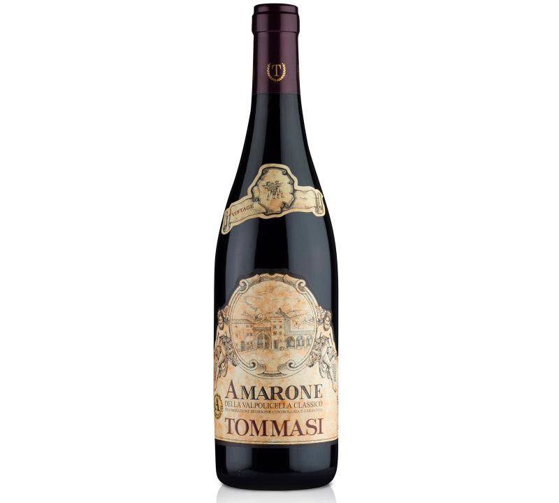 Wine bottle with 'Tommasi Amarone' label on a white background