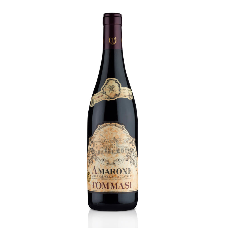 Wine bottle with 'Tommasi Amarone' label on a white background