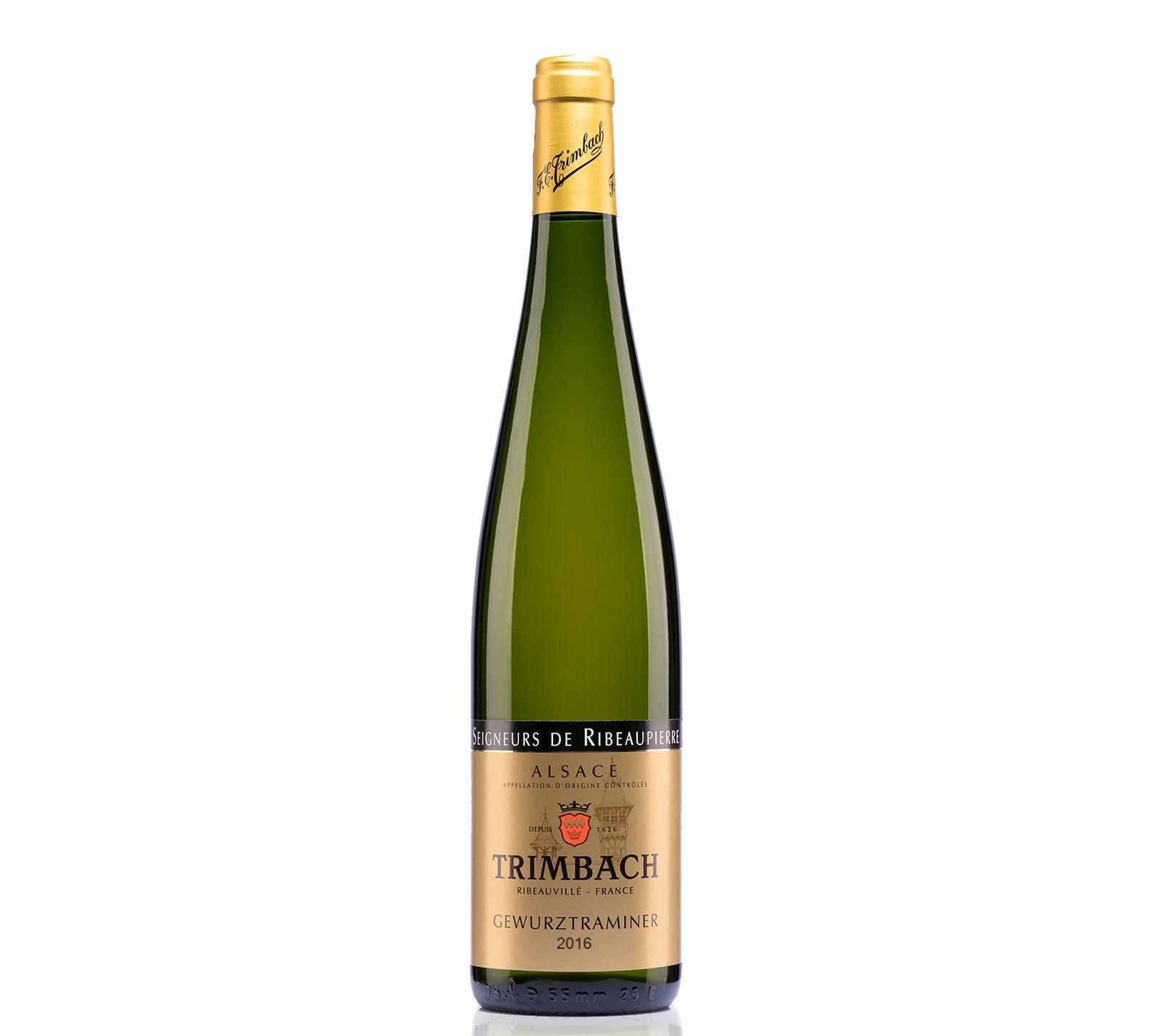 Wine bottle of Trimbach Gewurztraminer Cuvee Des Seigneurs 2016 with gold cap and visible label on a white background
