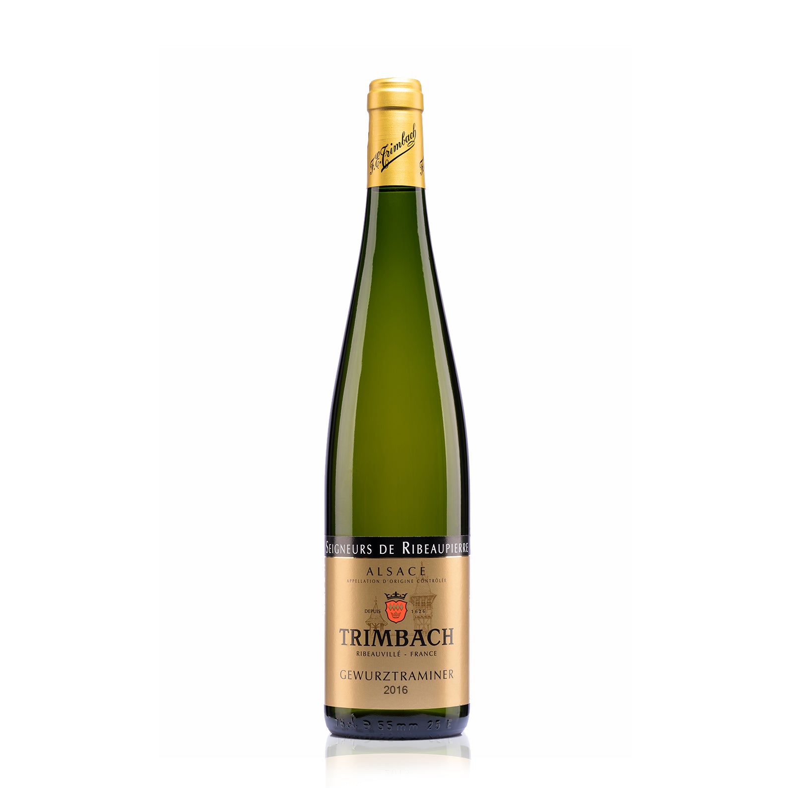 Wine bottle of Trimbach Gewurztraminer Cuvee Des Seigneurs 2016 with gold cap and visible label on a white background