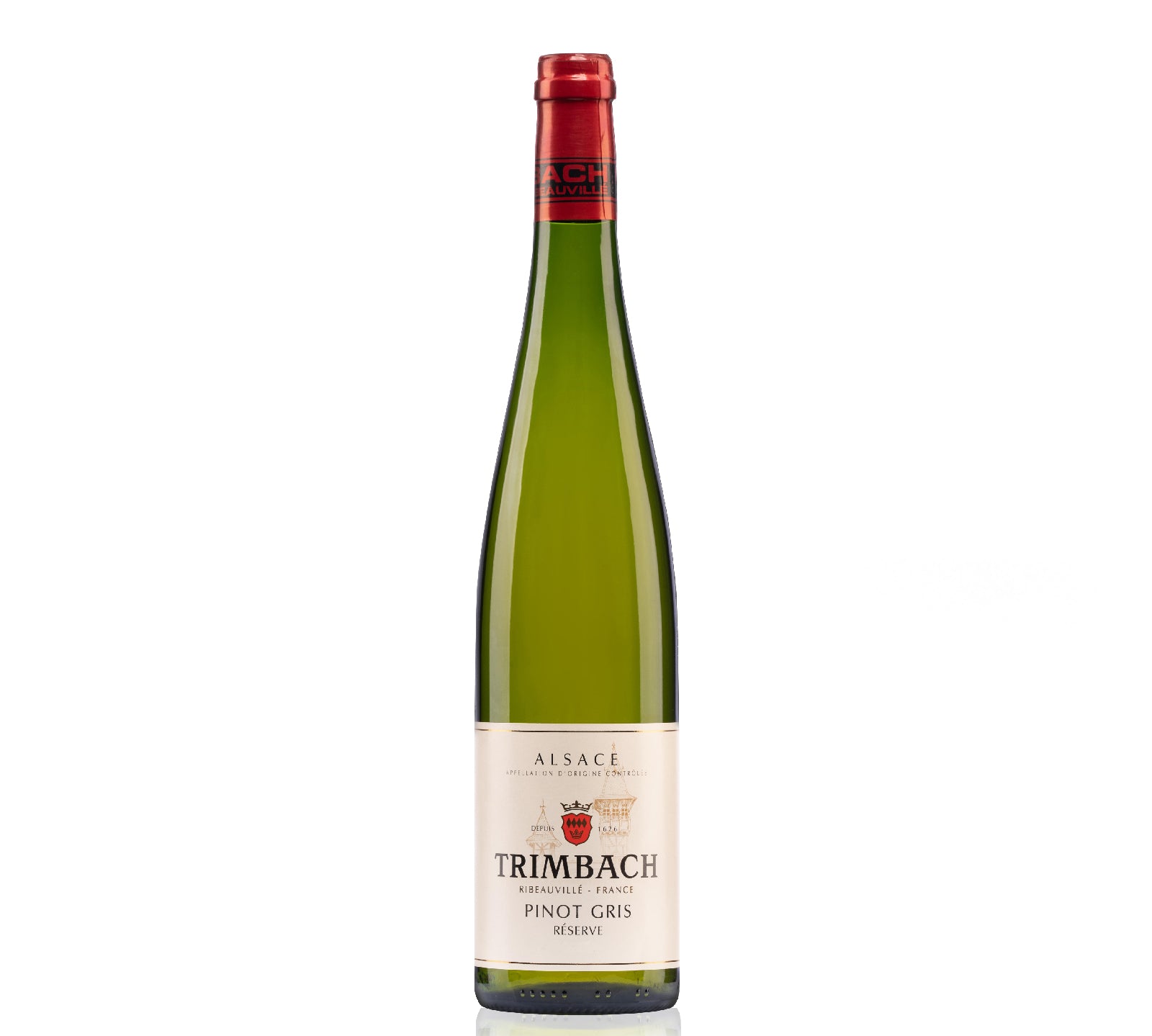 Bottle of Trimbach Pinot Gris Réserve 750ml with pear, citrus, and floral notes.