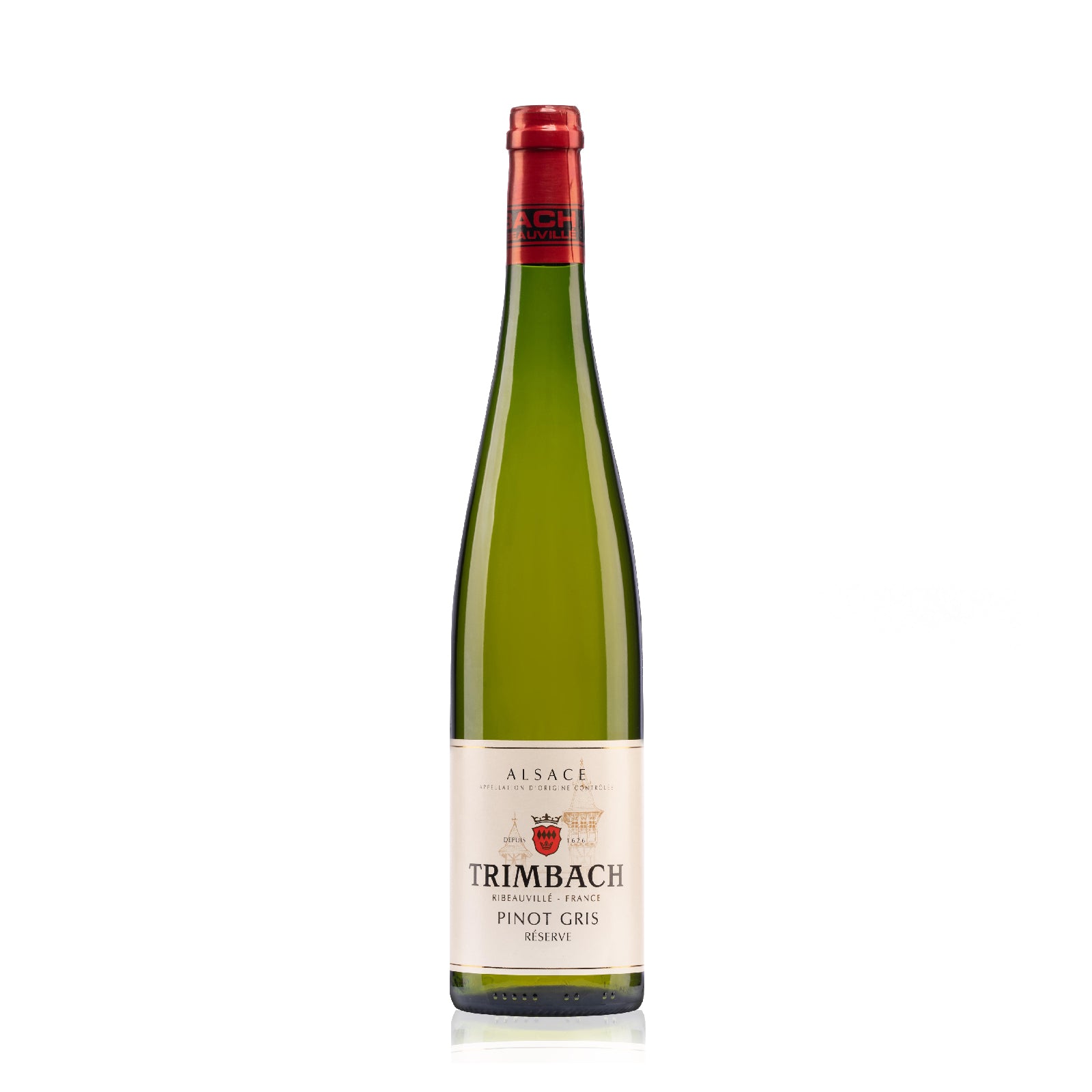 Bottle of Trimbach Pinot Gris Réserve 750ml with pear, citrus, and floral notes.