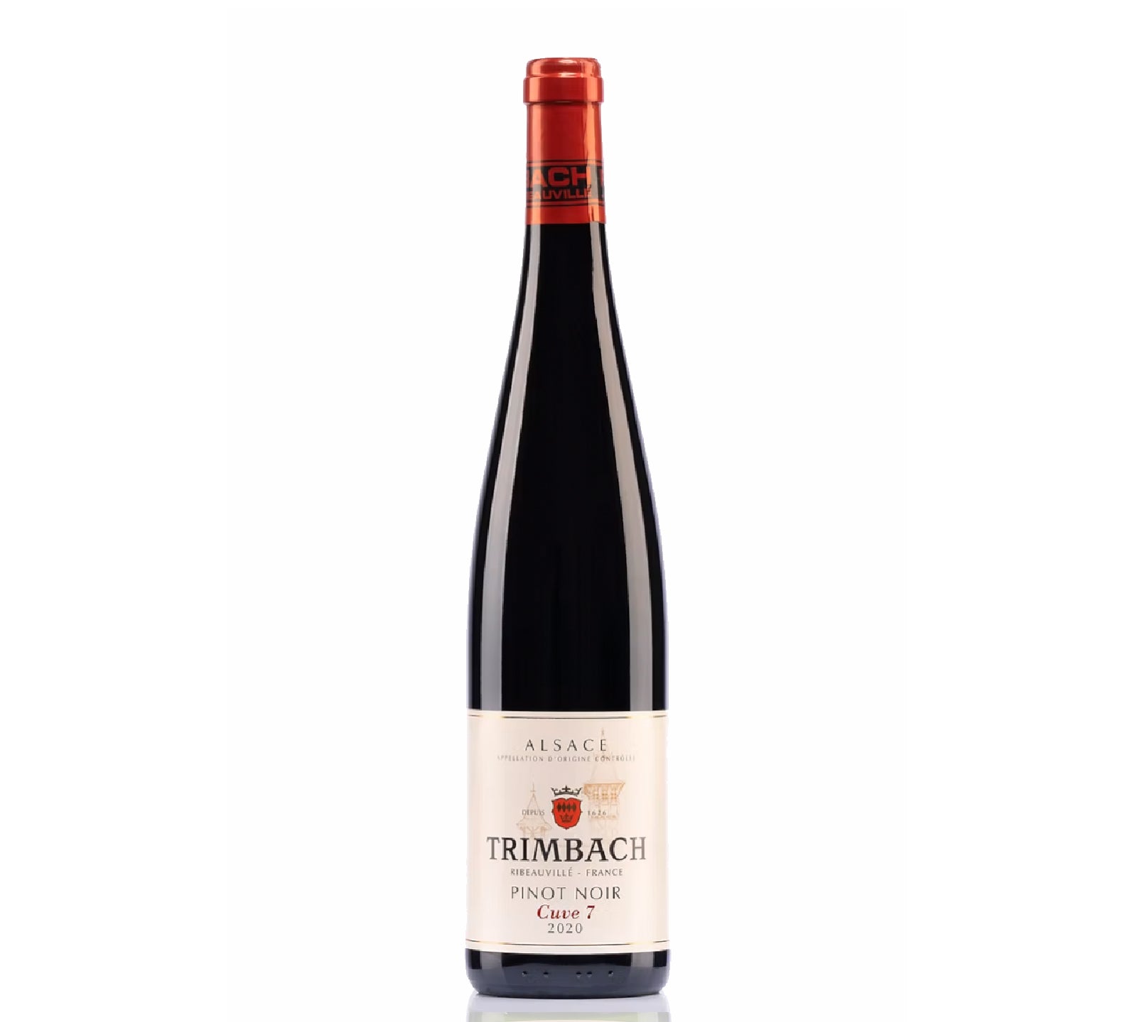 Red wine of Trimbach Pinot Noir Cuvee 7 2020 bottle with a white label on a white background