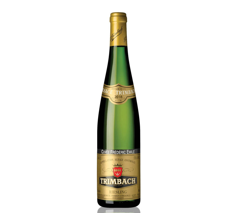 Bottle of Trimbach Riesling Cuvee Frederic Emile 2018 white wine.