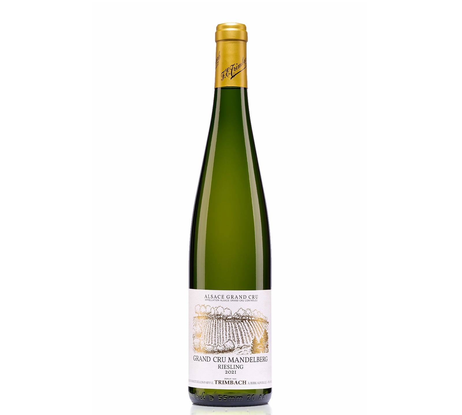 Trimbach Riesling Grand Cru Mandelberg 2021, an elegant Alsace white wine with vibrant citrus, mineral notes, and crisp acidity, showcasing Grand Cru complexity.
