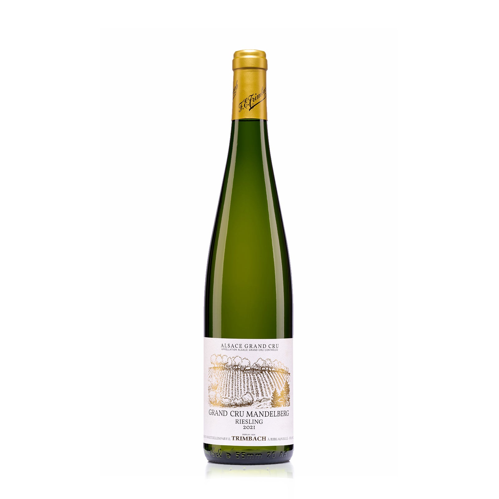 Trimbach Riesling Grand Cru Mandelberg 2021, an elegant Alsace white wine with vibrant citrus, mineral notes, and crisp acidity, showcasing Grand Cru complexity.