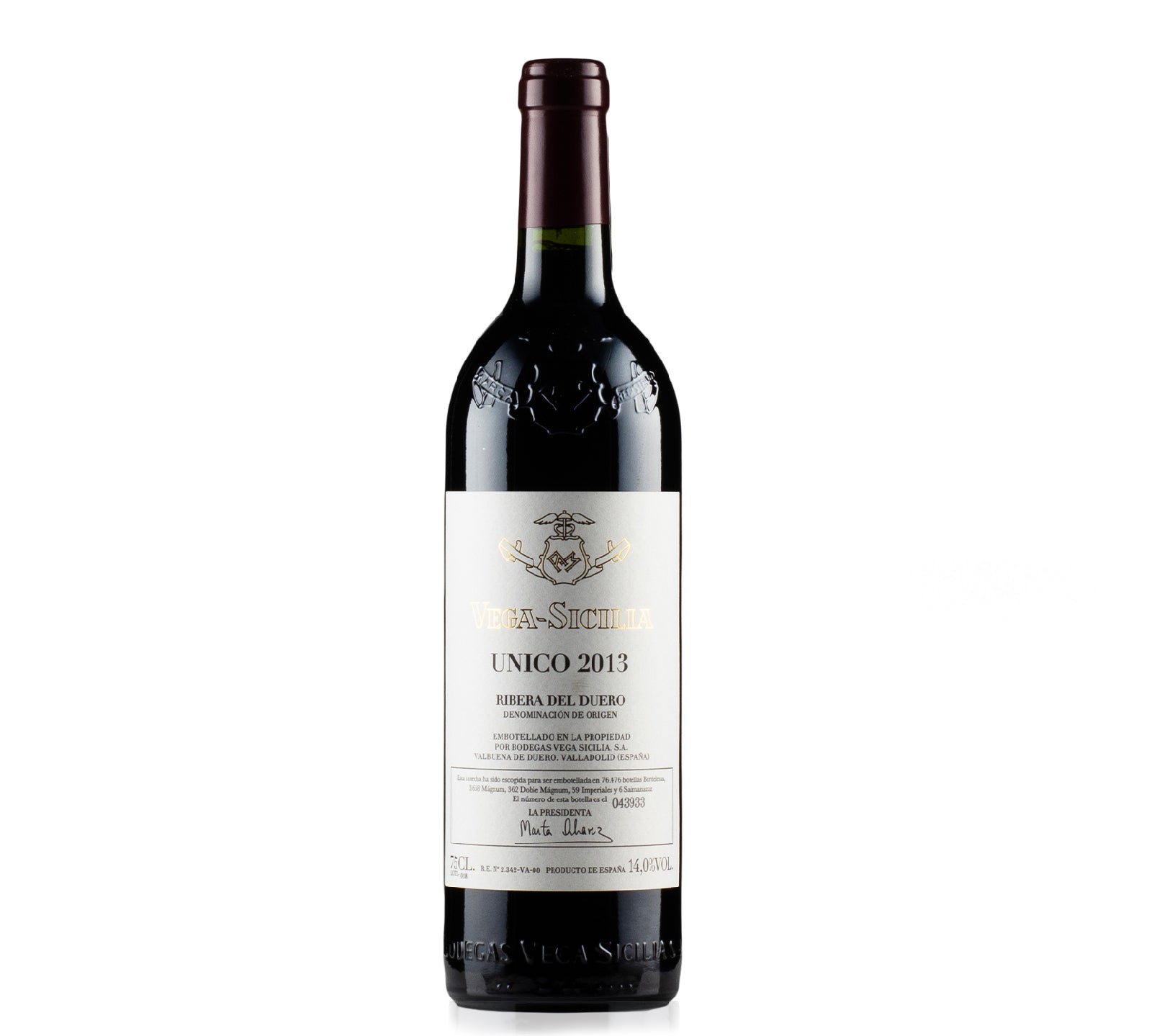 Bottle of Vega Sicilia Unico 2013, a premium Spanish red wine with complex aromas of dark fruit, spice, and oak, offering a rich, elegant, and long-lasting finish.