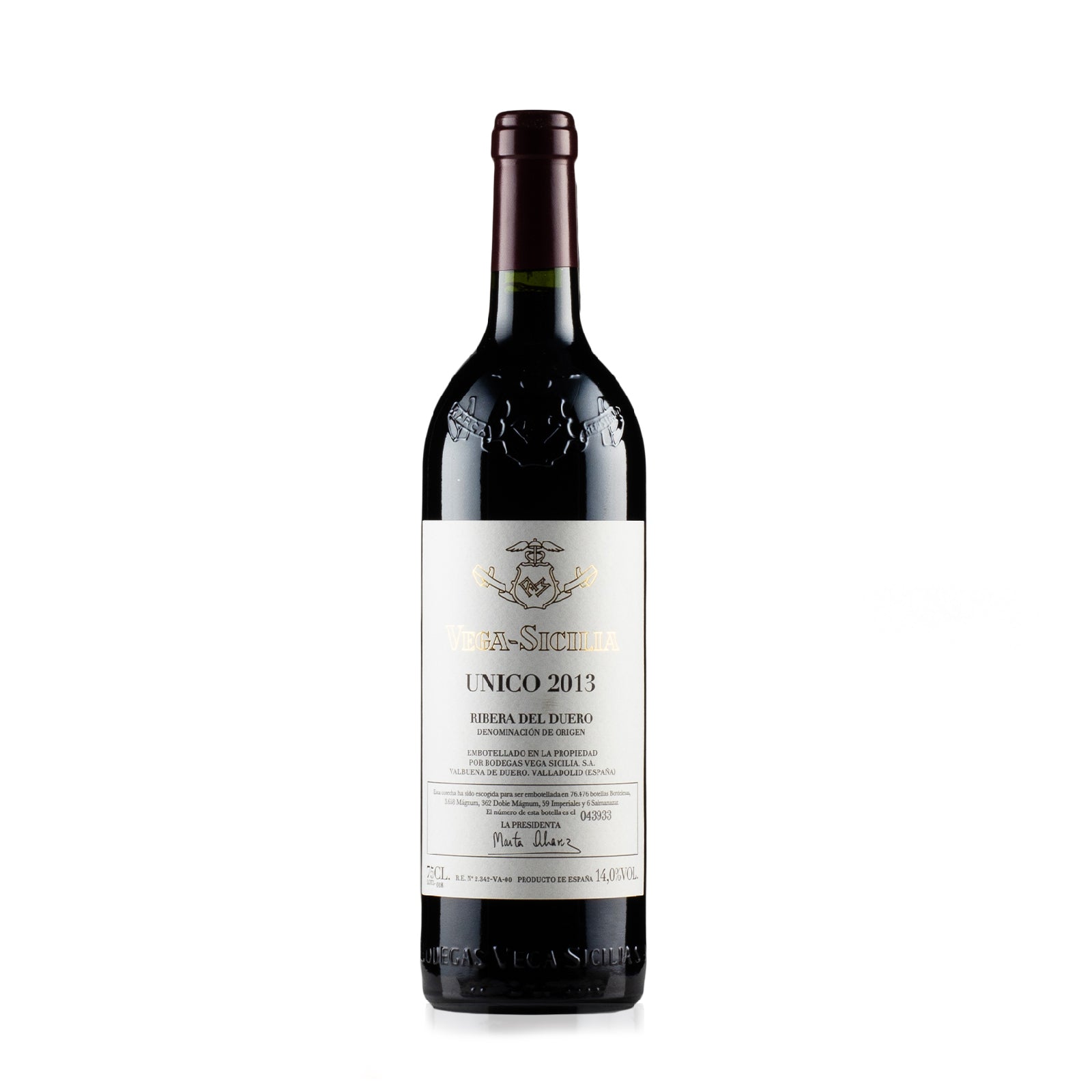 Bottle of Vega Sicilia Unico 2013, a premium Spanish red wine with complex aromas of dark fruit, spice, and oak, offering a rich, elegant, and long-lasting finish.