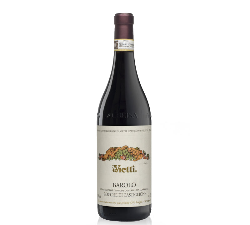 Bottle of Vietti Barolo Rocche di Castiglione, elegant Italian red wine from Piedmont with complex floral and red fruit aromas.