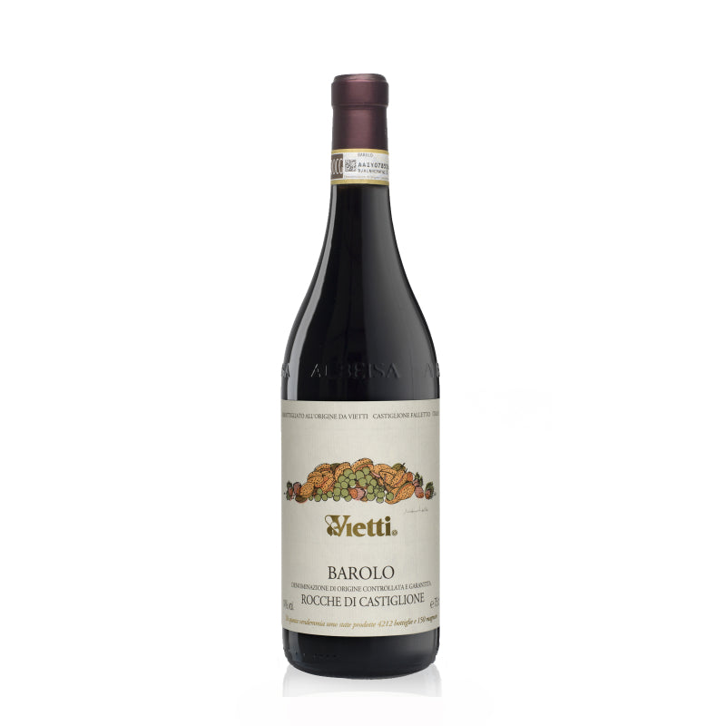 Bottle of Vietti Barolo Rocche di Castiglione, elegant Italian red wine from Piedmont with complex floral and red fruit aromas.