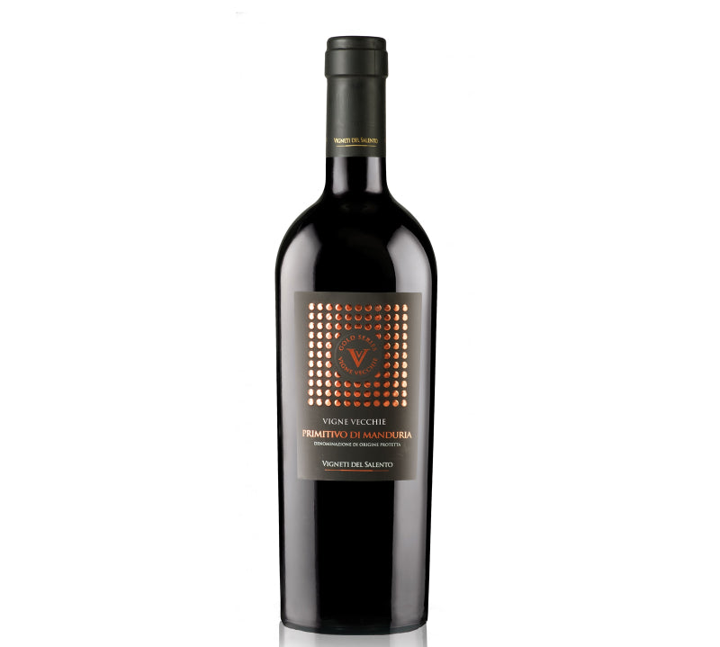 Bottle of Vigneti del Salento Vigne Vecchie Primitivo Gold Series, full-bodied Italian red wine with intense dark fruit flavors and hints of spice.