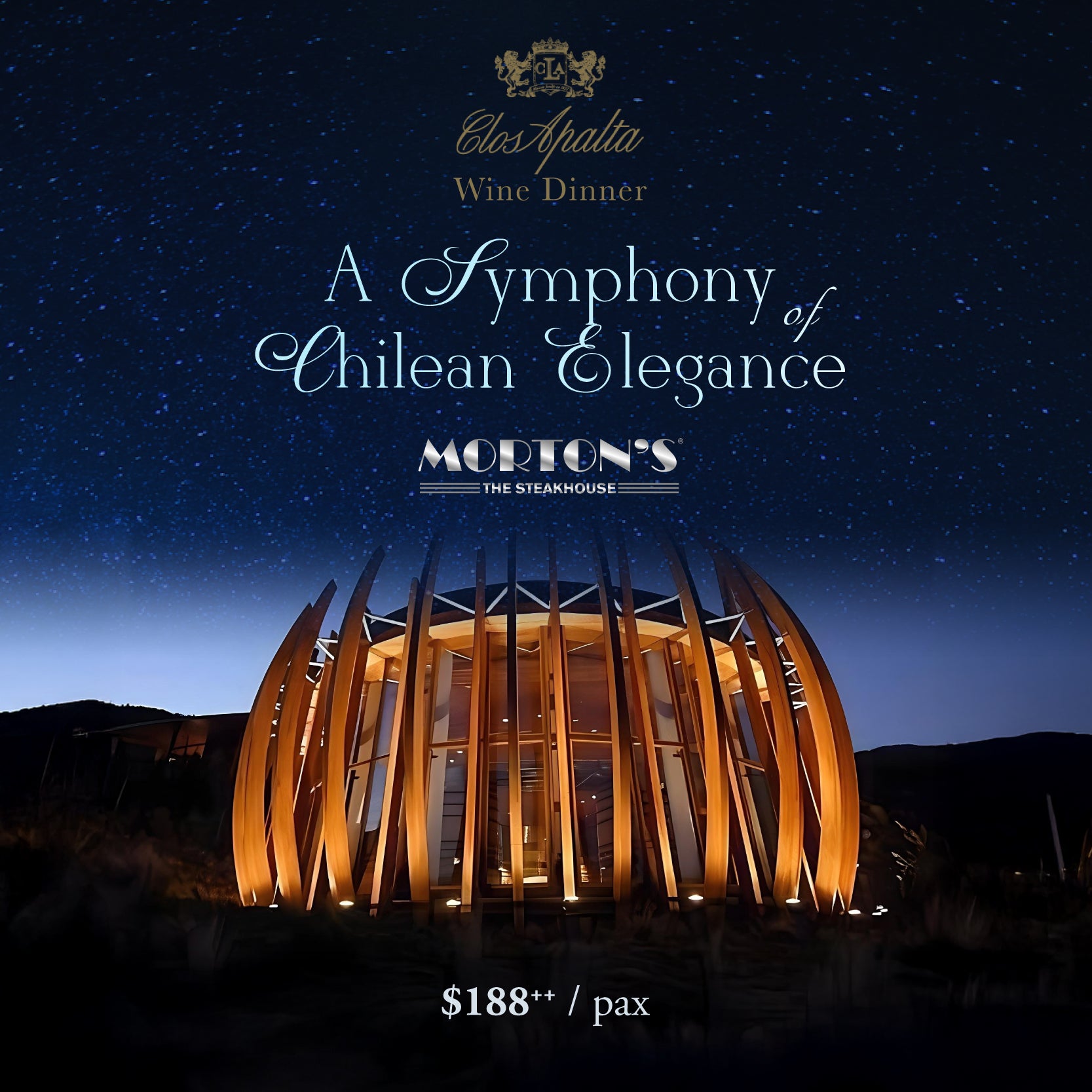 Promotional poster for a Chilean wine dinner event with a building design against a starry night sky.