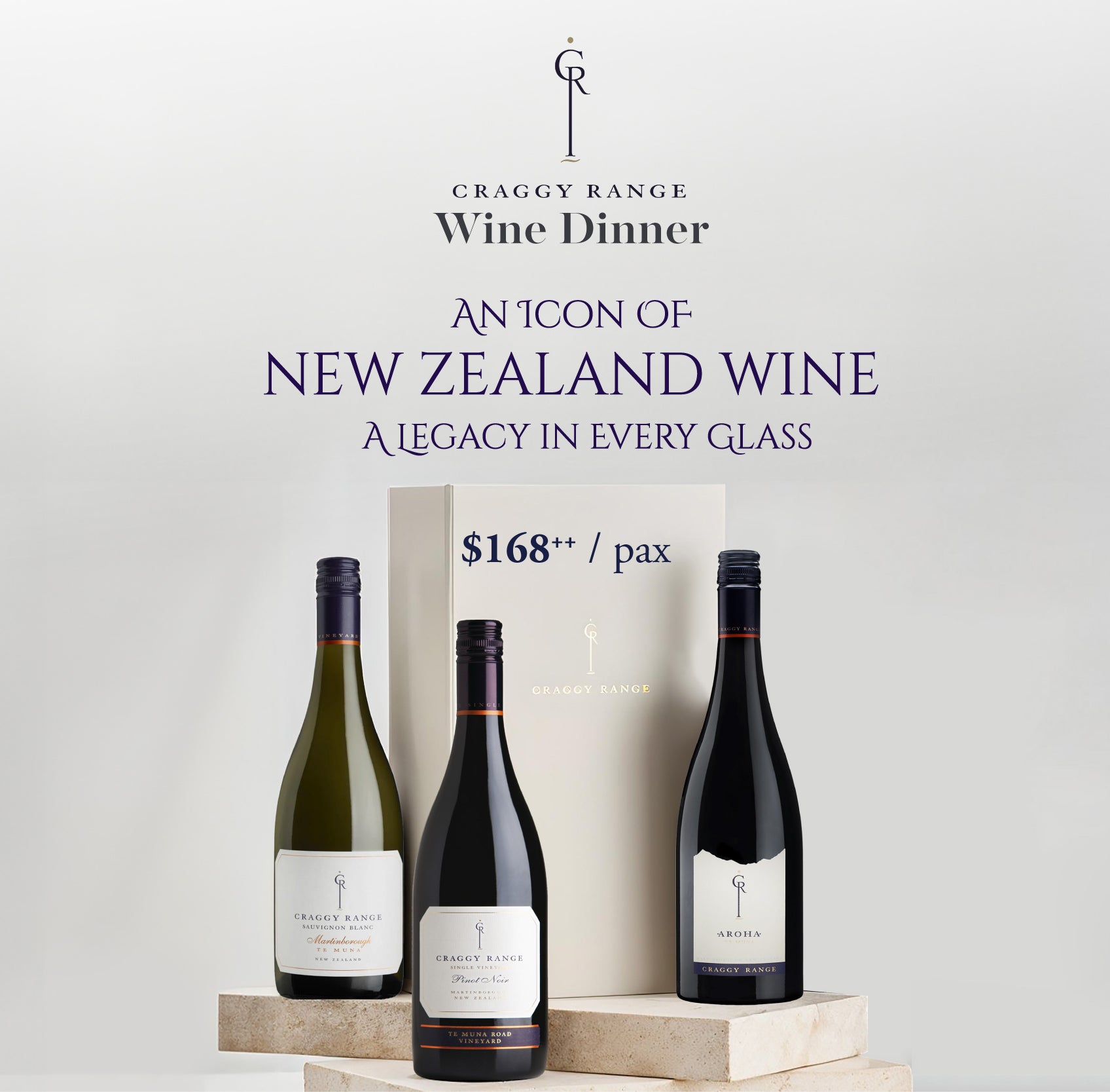 Three bottles of Craggy Range wine with a promotional banner on a light gray background