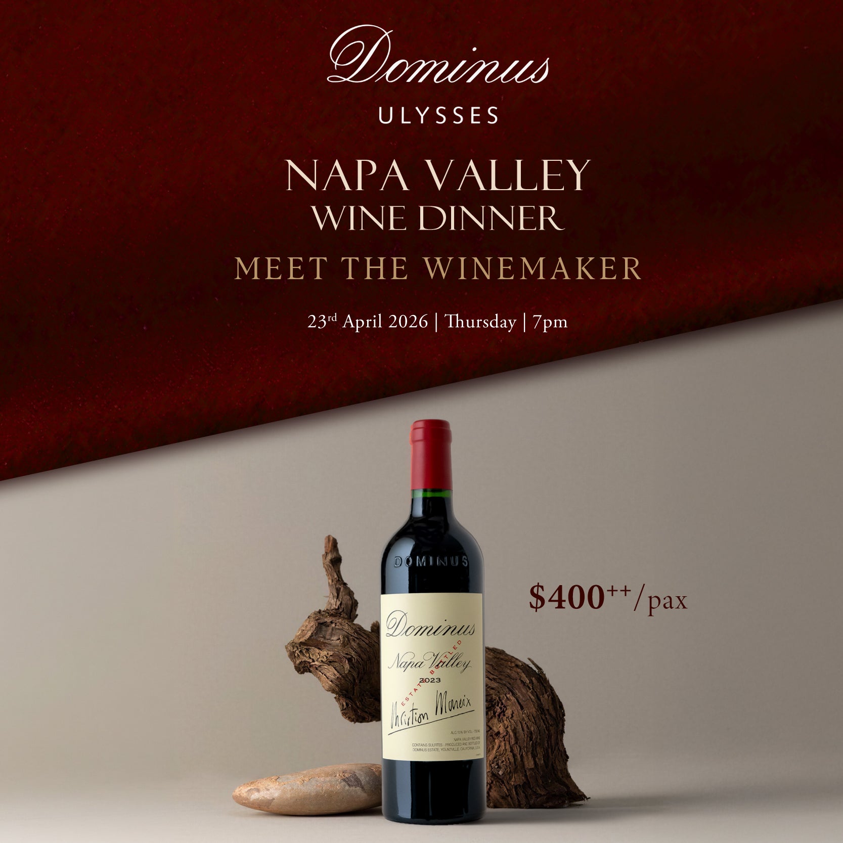 Wine bottle with 'Dominus Ulysses' label on a neutral background, featuring text about a Napa Valley wine dinner.