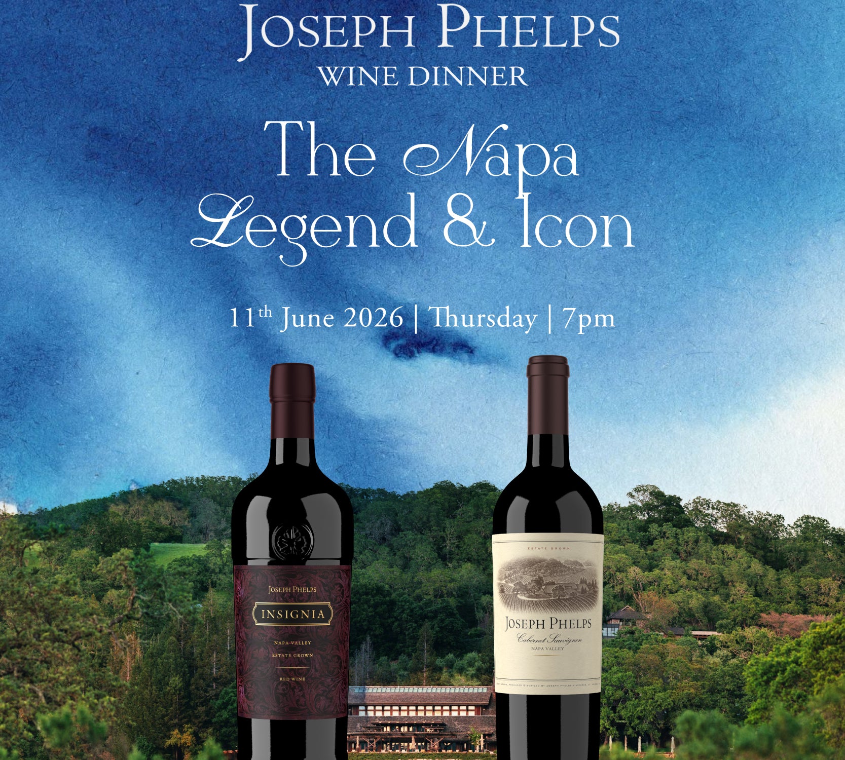 Promotional poster for Joseph Phelps wine dinner with two wine bottles and a scenic background.
