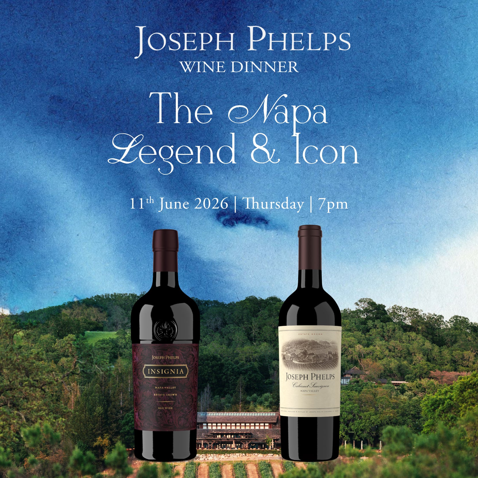 Promotional poster for Joseph Phelps wine dinner with two wine bottles and a scenic background.