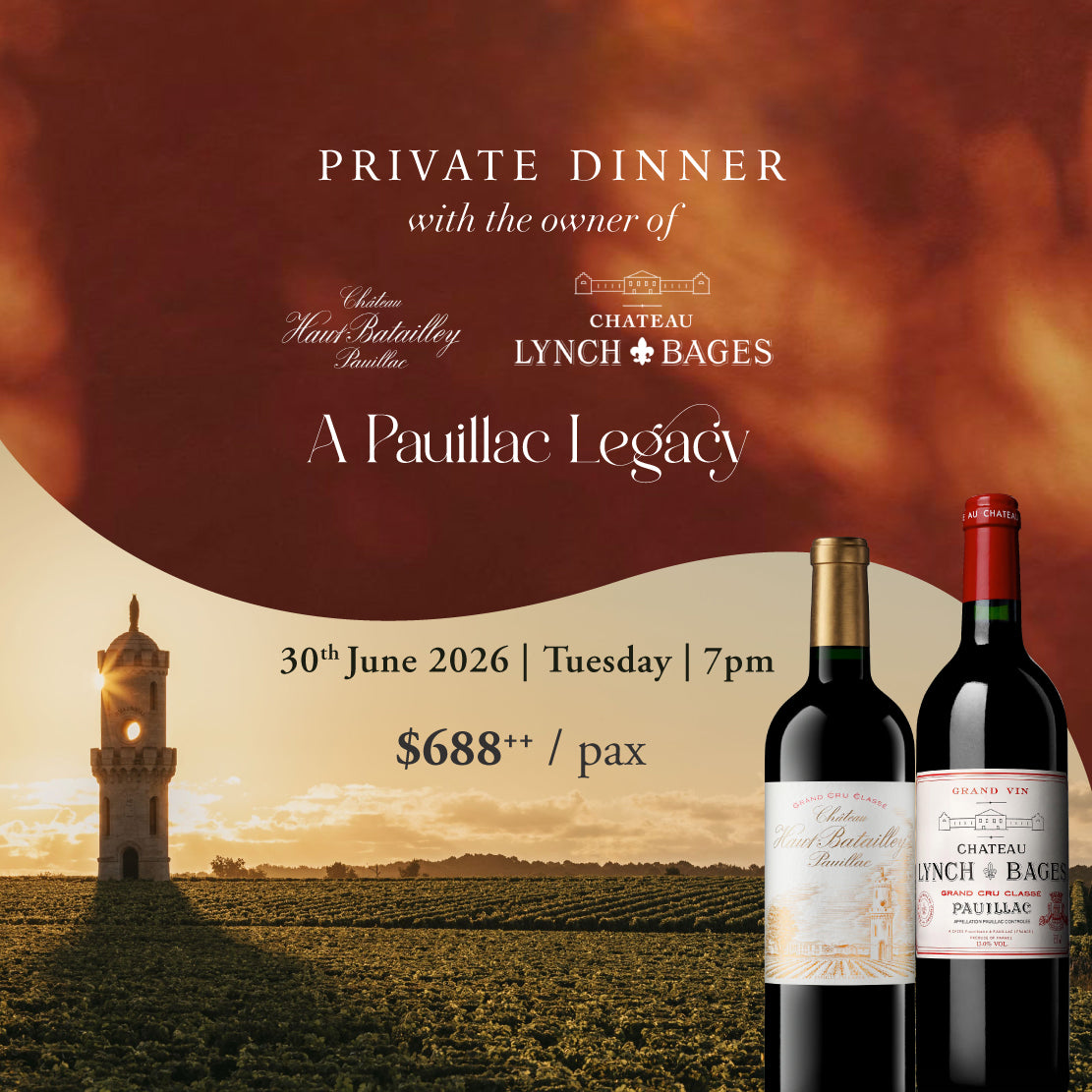 Promotional flyer for a private dinner at Chateau Lynch Bages with wine bottles displayed.