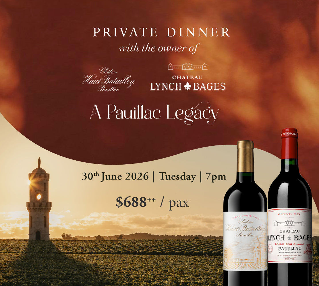 Promotional flyer for a private dinner at Chateau Lynch Bages with wine bottles displayed.