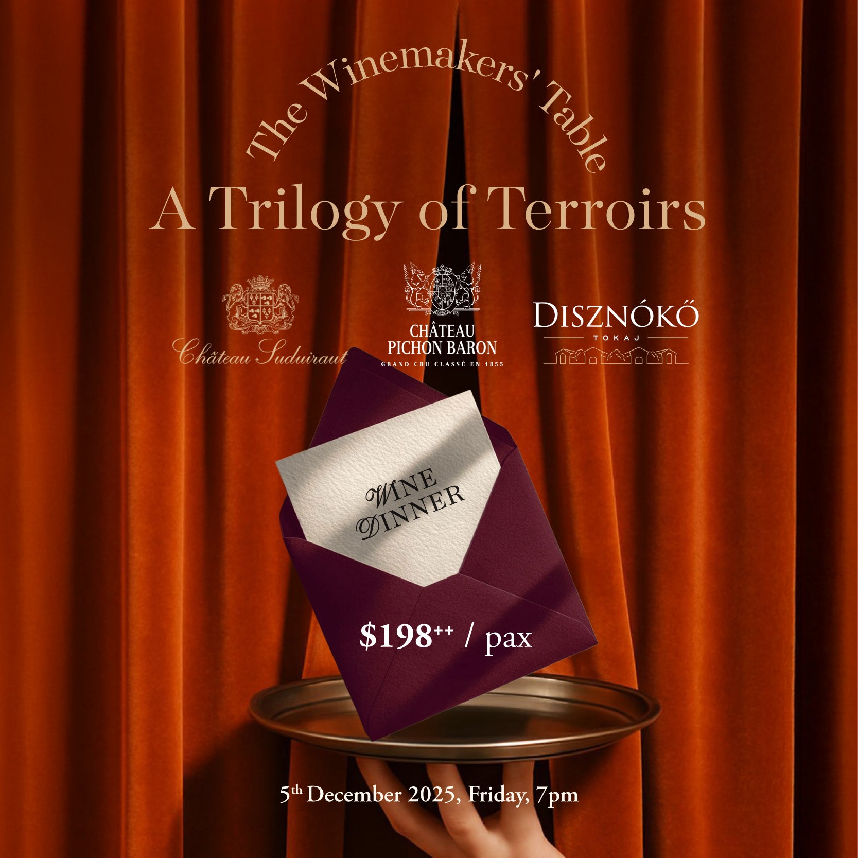 Promotional poster for a wine dinner event with a purple envelope on a red curtain background.