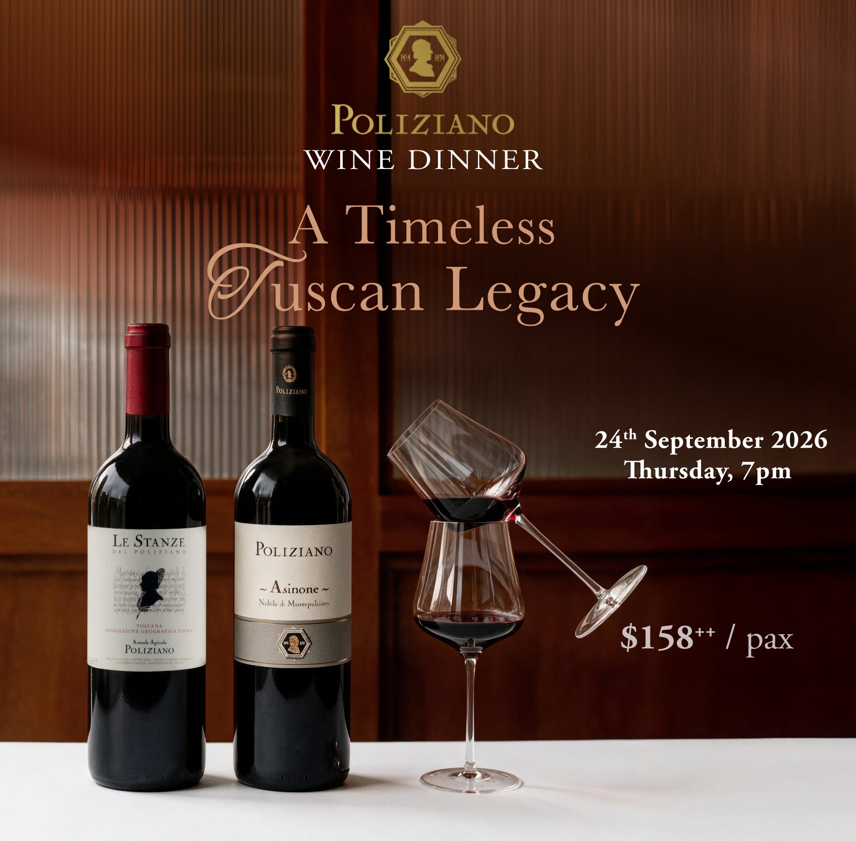Promotional graphic for a Poliziiano Wine Dinner featuring two wine bottles, a tilted wine glass, and elegant text on a warm brown wood-paneled background.