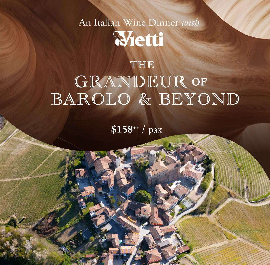 Advertisement for an Italian wine dinner with Vietti, featuring a scenic view of a village and vineyards.