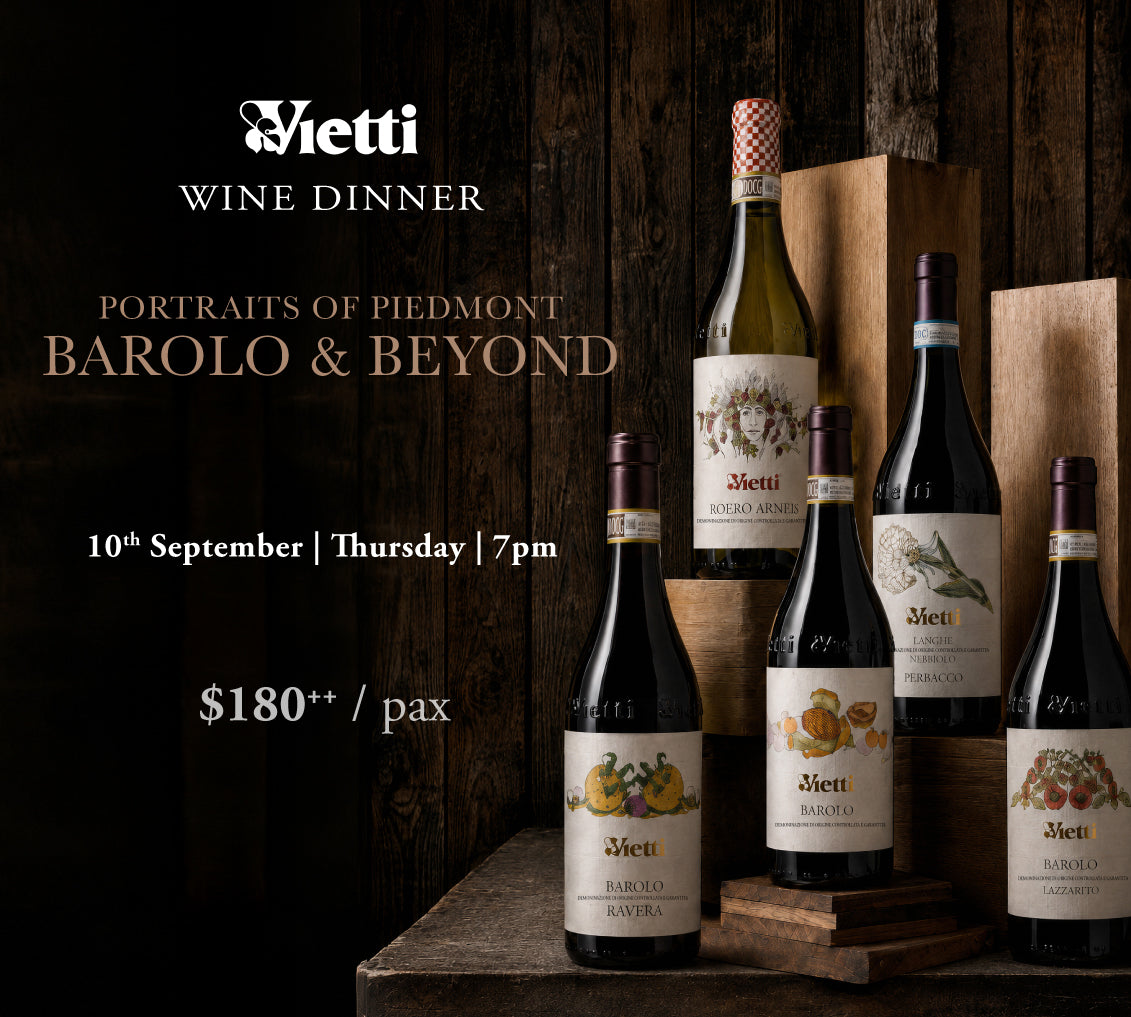 Promotional graphic for a Vietti Wine Dinner featuring several bottles of Piedmont Barolo and Barolo Superiore wine arranged on rustic wooden blocks and a table against a dark wood background. 