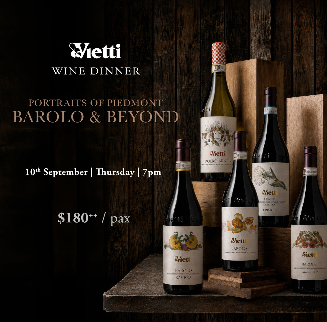 Promotional graphic for a Vietti Wine Dinner featuring several bottles of Piedmont Barolo and Barolo Superiore wine arranged on rustic wooden blocks and a table against a dark wood background. 