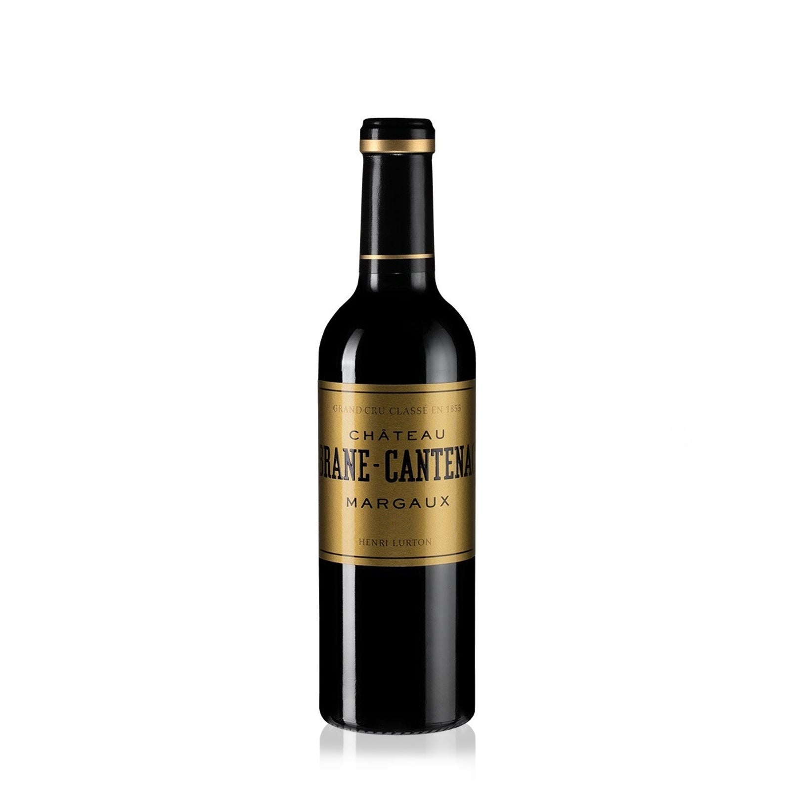 A half bottle of 2017 Chateau Brane Cantenac Margaux wine with a black and gold label.