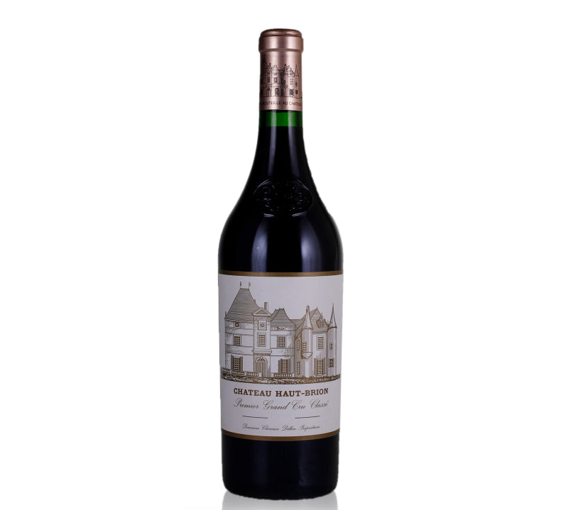 Bottle of Chateau Haut Brion Pessac-Leognan Premier Cru 1999 wine with a label featuring a white house illustration on a dark background.