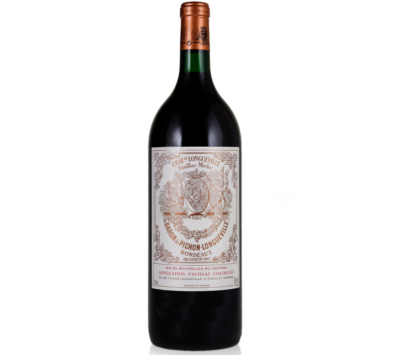 A magnum bottle of Chateau Pichon Longueville Baron Pauillac with a detailed, vintage-style label.