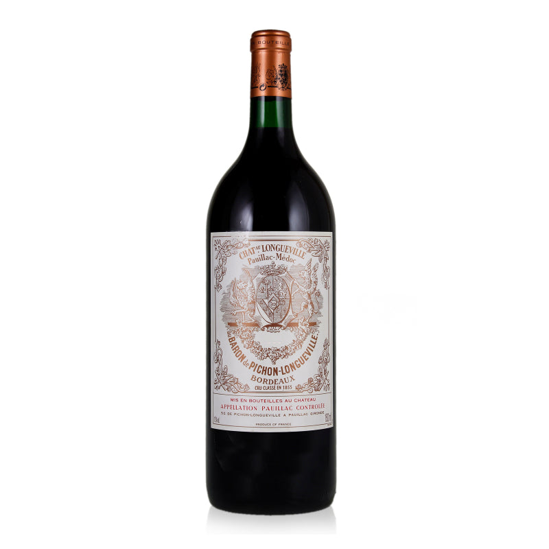 A magnum bottle of Chateau Pichon Longueville Baron Pauillac with a detailed, vintage-style label.