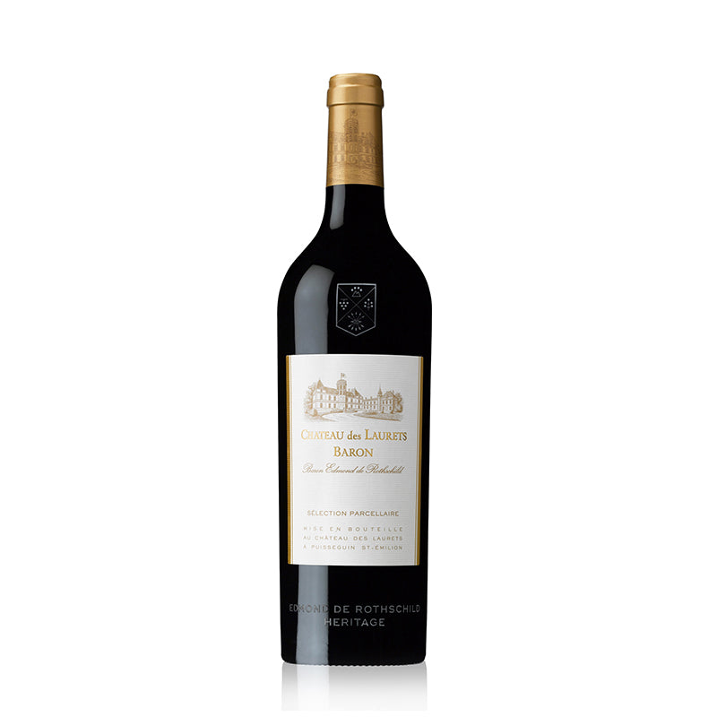 Bottle of Chateau des Laurets Baron by Baron Rothschild St-Emilion 2015 with a deep garnet-purple color and label featuring the estate's name and the year.