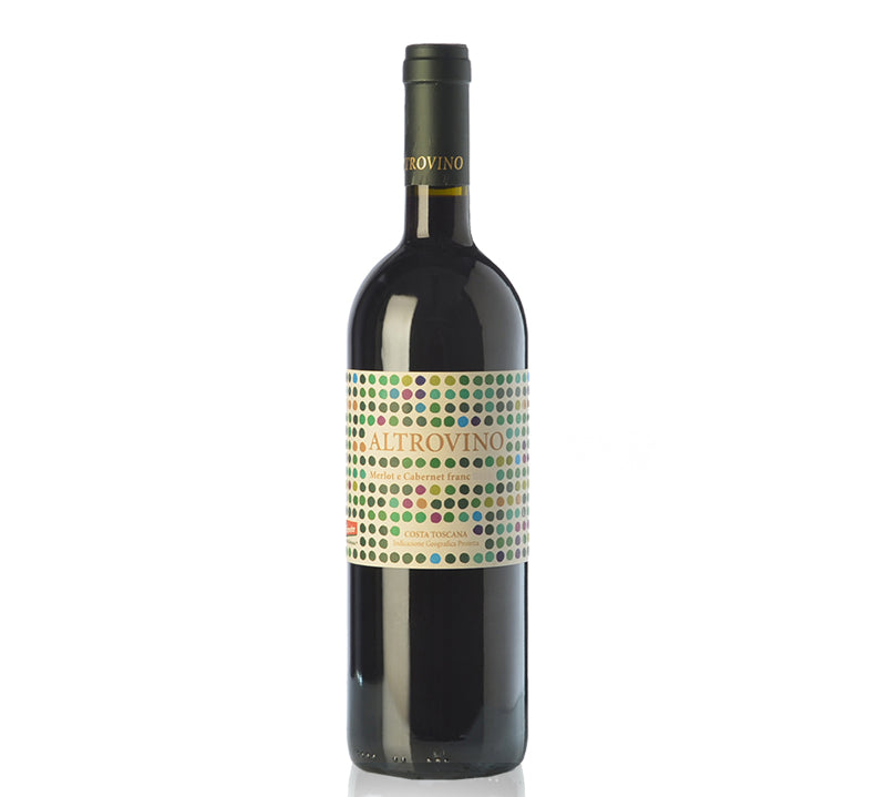 Bottle of Duemani Altrovino IGP Costa Toscana 2018 wine with a colorful label