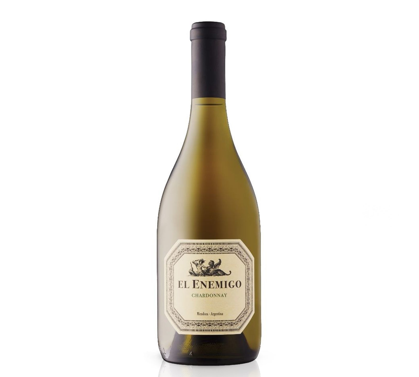 A bottle of El Enemigo Chardonnay wine with a white label on a transparent background.