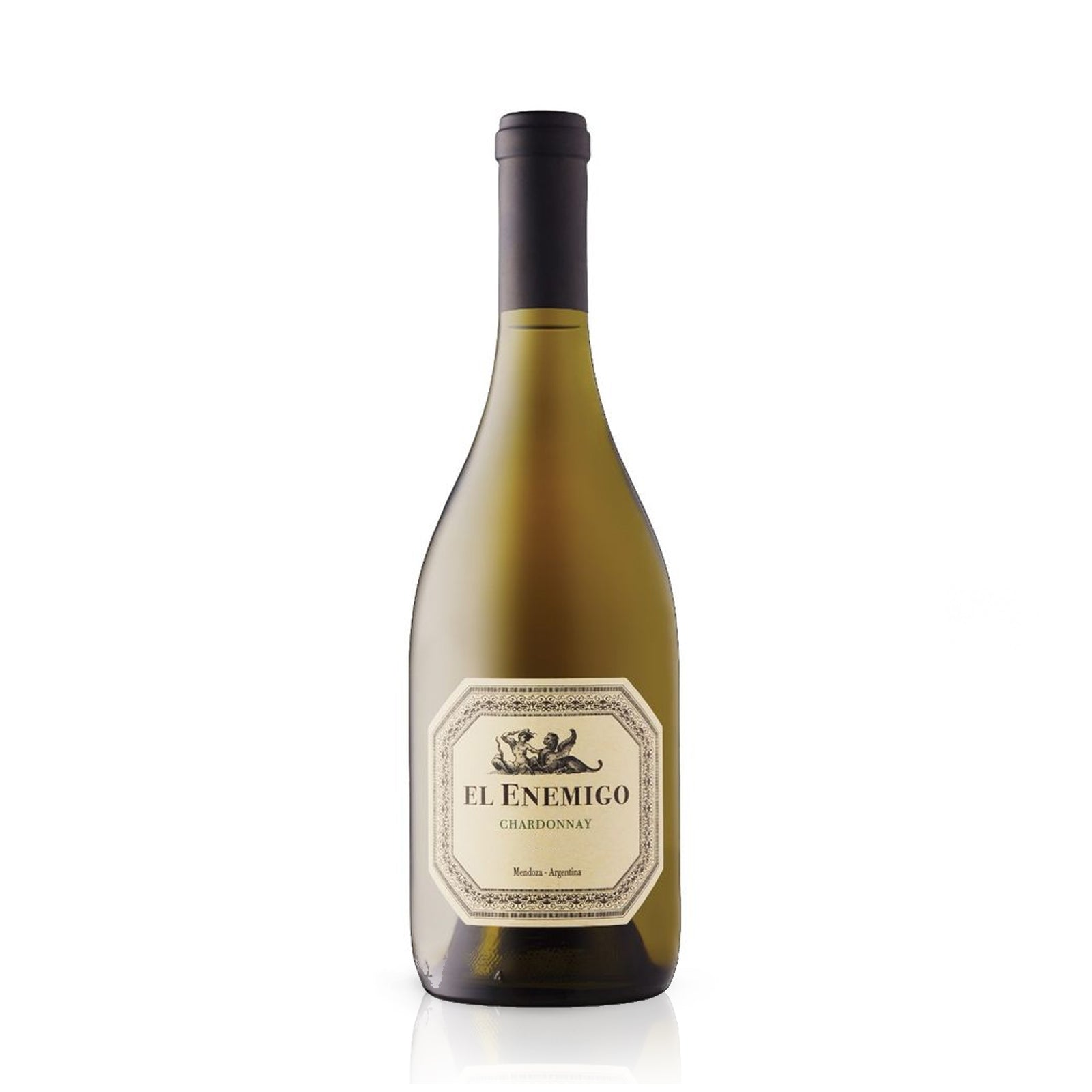 A bottle of El Enemigo Chardonnay wine with a white label on a transparent background.