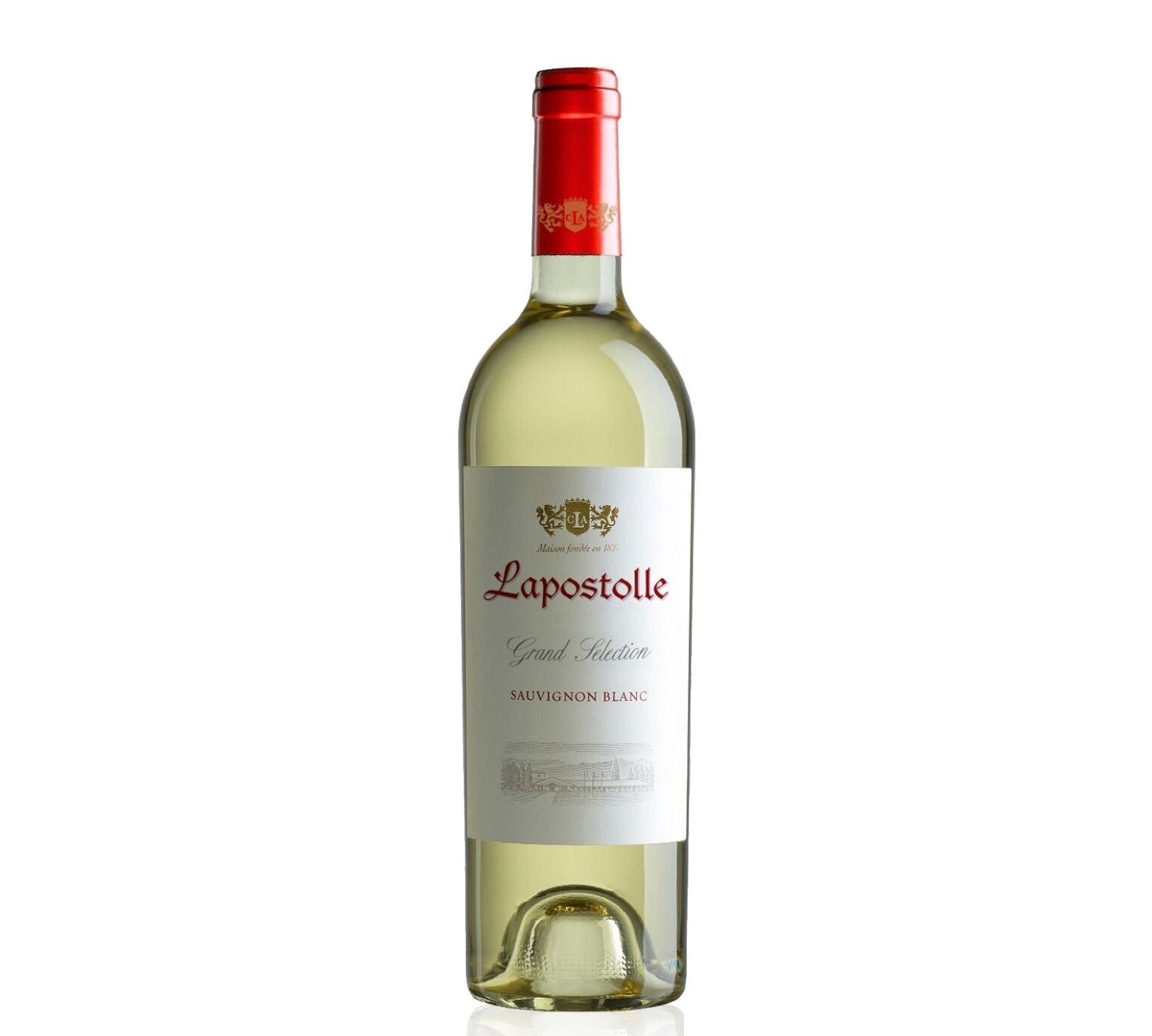 A bottle of Lapostolle Grand Selection Sauvignon Blanc 2022 white wine with a red cap on a white background.