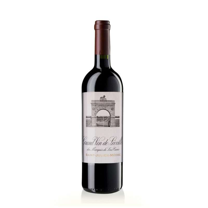 A bottle of Chateau Leoville Las Cases St-Julien wine with a label featuring an illustration of the Chateau.