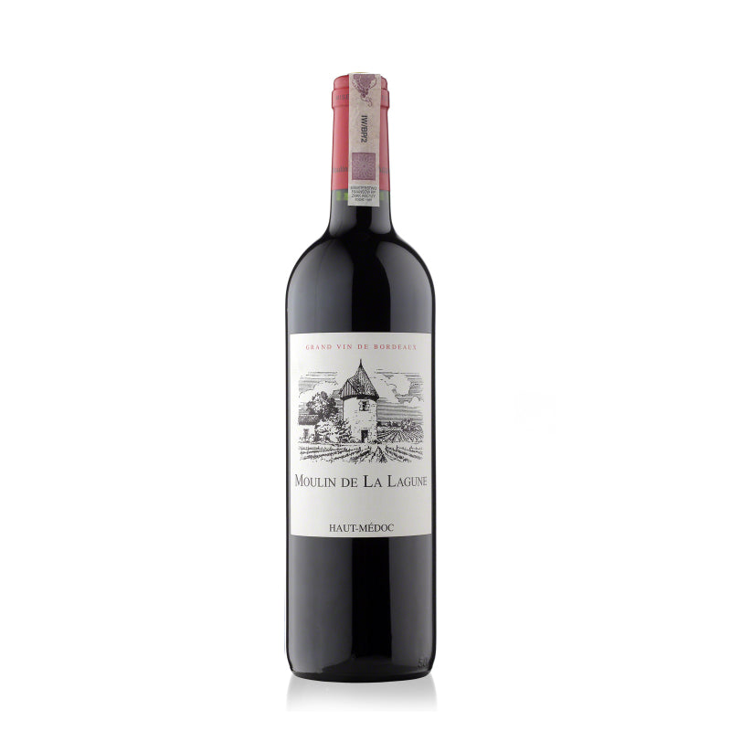 Bottle of Moulin De La Lagune Haut-Medoc red wine with a clear label displaying the chateau's name and the wine's rating.
