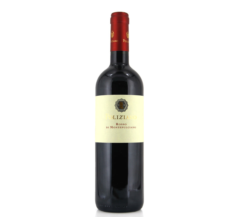 A bottle of Poliziano Rosso di Montepulciano red wine with a label primarily in beige and red colors, against a white background.